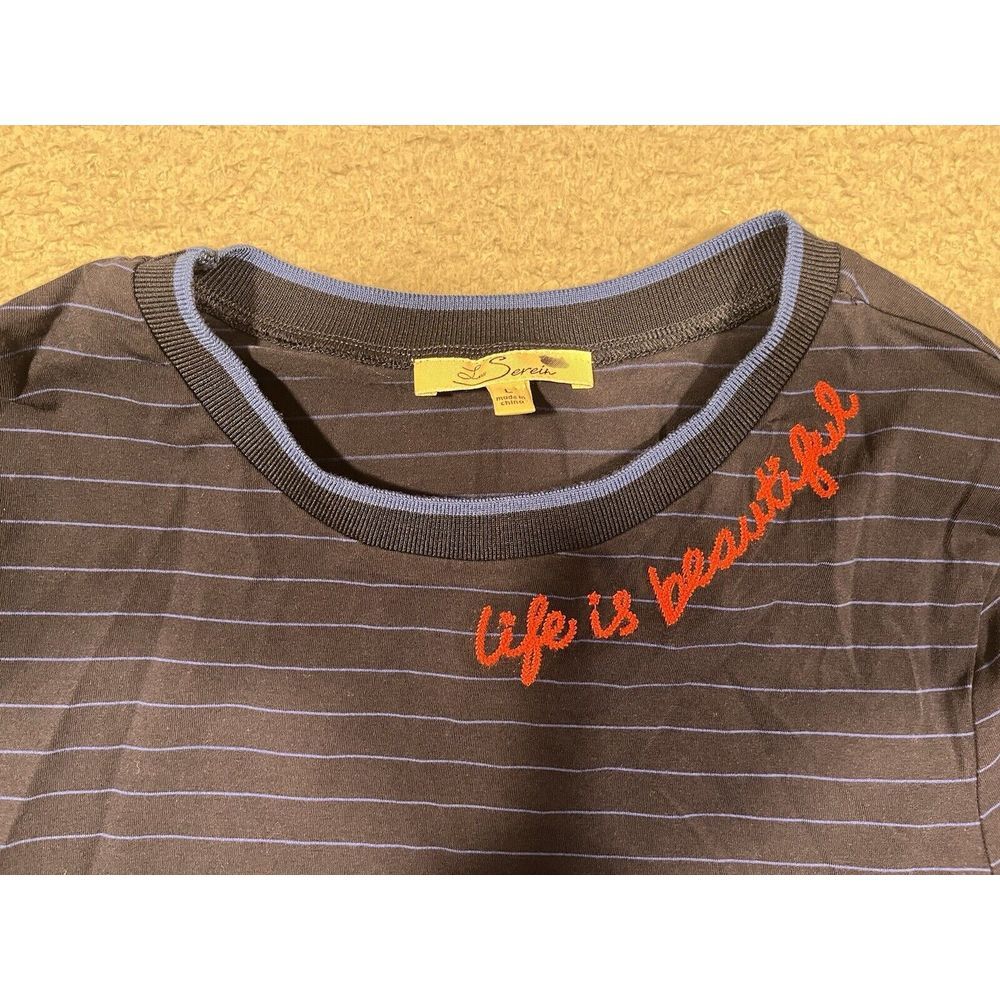 Les Serein Long Sleeve T-Shirt Blue Striped Large L Life is Beautiful Stitching - Picture 3 of 10
